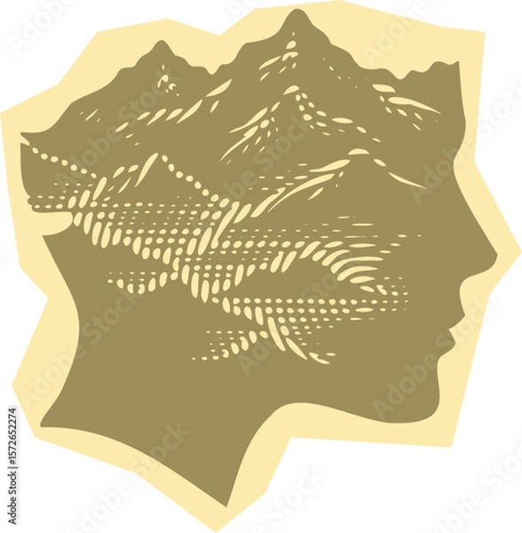 Fototapeta  Vibrant colorful paper cut heavy lined effect vector postal stamp featuring a creative silhouette of a face blending seamlessly into majestic mountain landscape design artwork