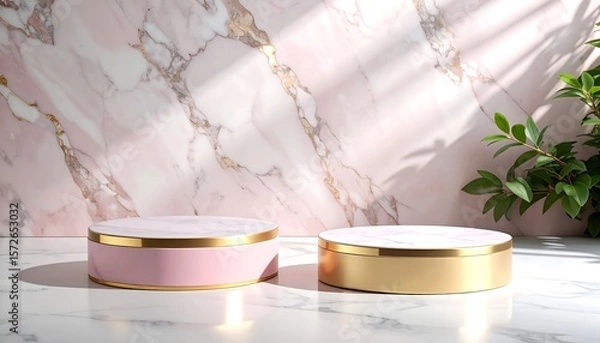 Fototapeta Empty pink and gold luxury marble podium with soft shadows,