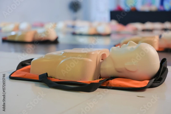 Fototapeta A person performs CPR chest compressions on a during a training session, highlighting essential life-saving techniques and emergency preparedness.
