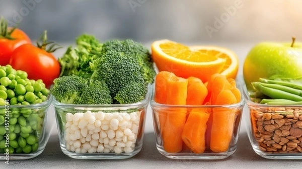 Fototapeta Colorful Fresh Food Variety: A captivating array of colorful, fresh fruits and vegetables, meticulously arranged in clear glass containers, symbolizing healthy eating and wholesome nutrition.