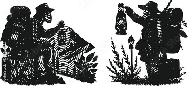 Fototapeta  Heavy lined black vector bundle featuring a traveler with a lantern in hand, silhouette illustration design, adventure explorer concept, night journey artwork for creative graphic use