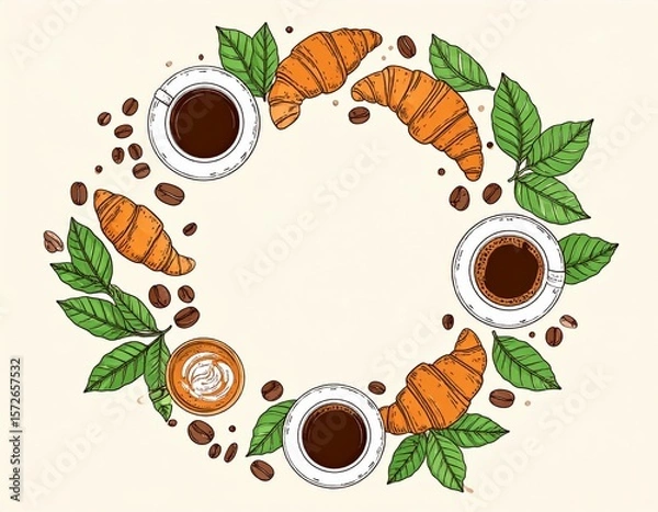 Fototapeta Hand Drawn Coffee And Croissant Frame Design