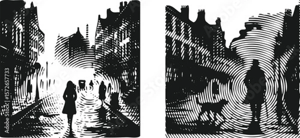 Fototapeta  Heavy Lined Black Vector Illustration Bundle of a Person Walking Through a Foggy Street with Dramatic Shadows and Urban Mist Effect – Silhouette Scene for Editorial and Conceptual Use