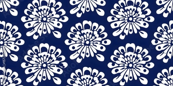 Fototapeta Seamless floral pattern with white chrysanthemum design on navy background