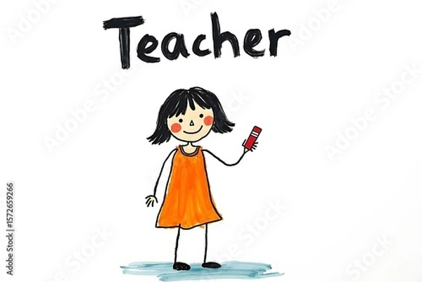 Obraz Child’s hand-painted “Teacher” figure with bold black outlines, rough colors, and handwritten text on white background
