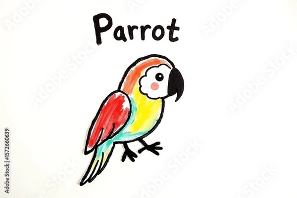 Obraz Child’s hand-painted parrot with playful brush strokes and handwritten “Parrot” text on a clean white background