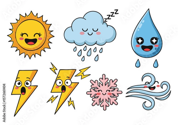 Obraz Cute Weather Icons: Sun, Cloud, Rain, Lightning, Snow, Wind