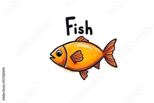 Obraz Child’s hand-painted fish with bold brush strokes and handwritten “Fish” text on a clean white background.
