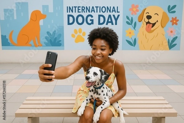 Fototapeta Smiling woman taking selfie with Dalmatian puppy before Dog Day mural