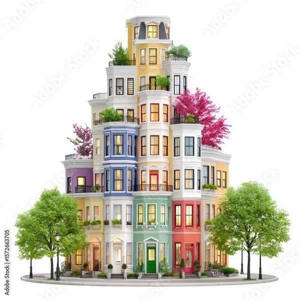Obraz Stacked Colorful Townhouses with Balconies and Trees, Unique Architecture Concept
