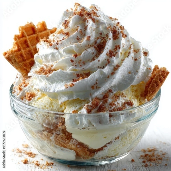 Obraz Delicious Vanilla Ice Cream Sundae with Waffle Pieces, Whipped Cream and Crumble Topping