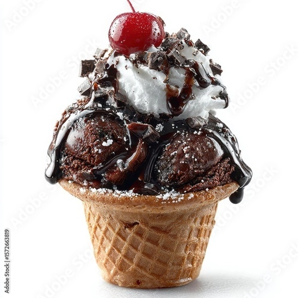 Obraz Delicious Chocolate Ice Cream Cone Sundae with Whipped Cream and Cherry Topping