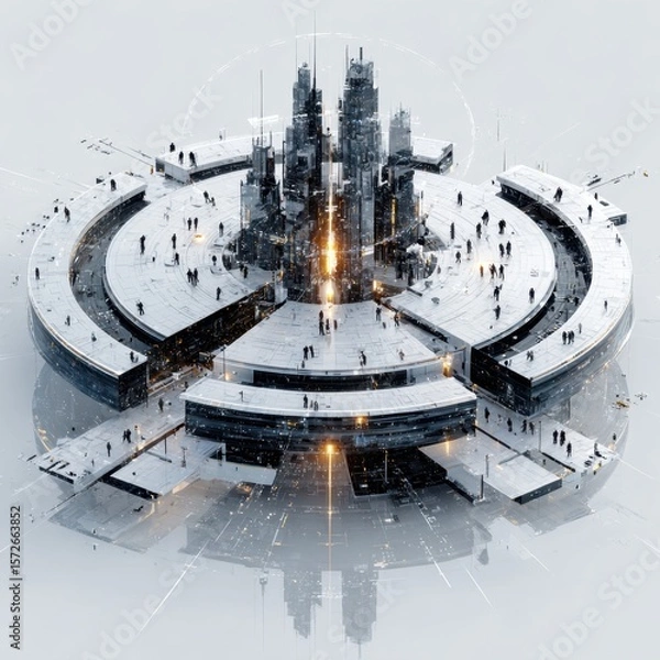 Obraz Futuristic Cityscape on Circular Platform with People, Advanced Technology Concept