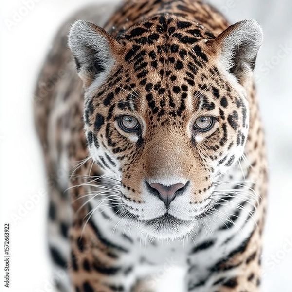 Obraz Close-up Portrait of a Jaguar with Intense Gaze in a Snowy Environment
