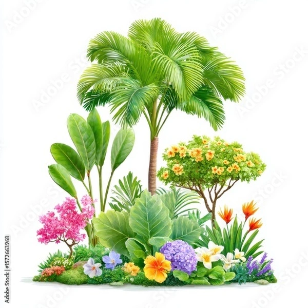 Obraz Lush Tropical Garden with Palm Tree, Hibiscus, Hydrangea and Bird of Paradise Flowers