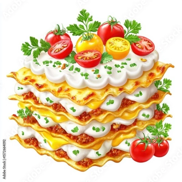 Obraz Delicious Layered Lasagna with Meat Sauce, Cheese, Tomatoes and Parsley Garnish