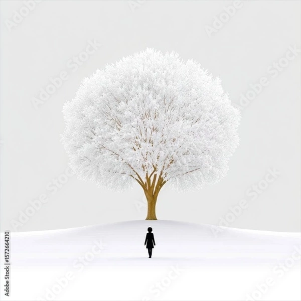 Obraz Solitary Woman Walking Towards a Snowy Tree in a Minimalist Winter Landscape