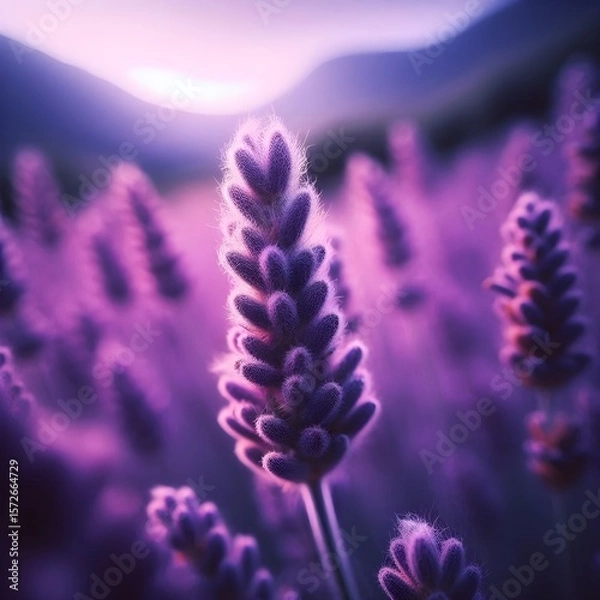 Fototapeta A captivating close-up of a lavender plant with fuzzy purple blossoms, set against a soft, blurred background of a field at sunset.