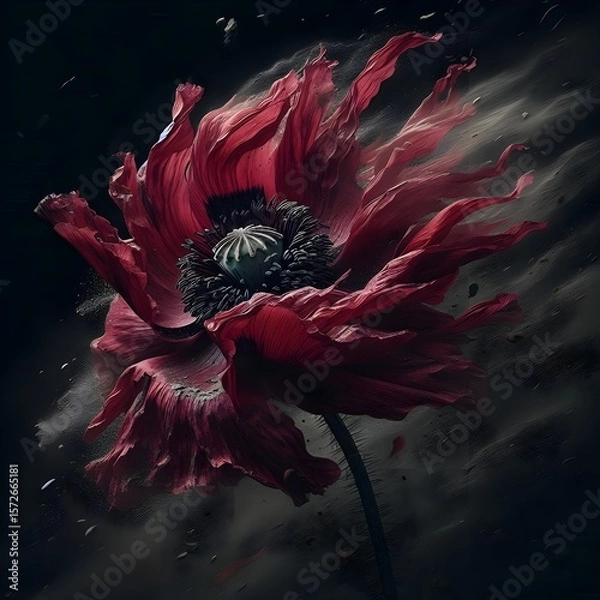 Fototapeta A dramatic close-up of a vibrant red poppy flower with ruffled petals, set against a dark, textured background with a swirling, smoky effect.