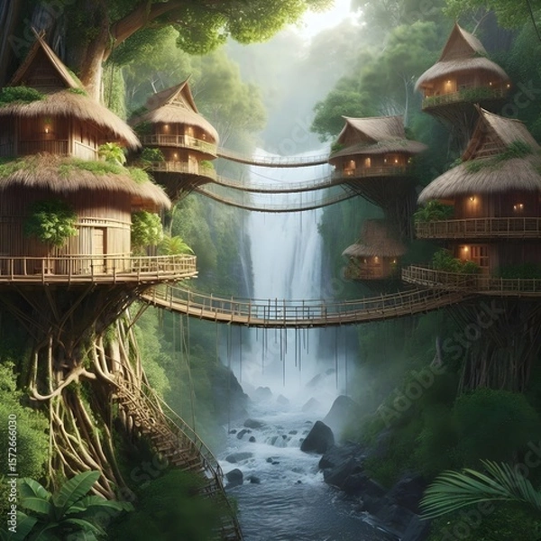 Fototapeta A village of treehouses connected by rope bridges, built amidst a lush, misty jungle with a waterfall and flowing river.