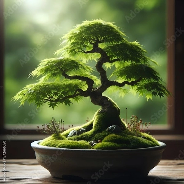 Fototapeta A bonsai tree with vibrant green foliage, displayed in a simple pot on a wooden surface against a blurred natural background.