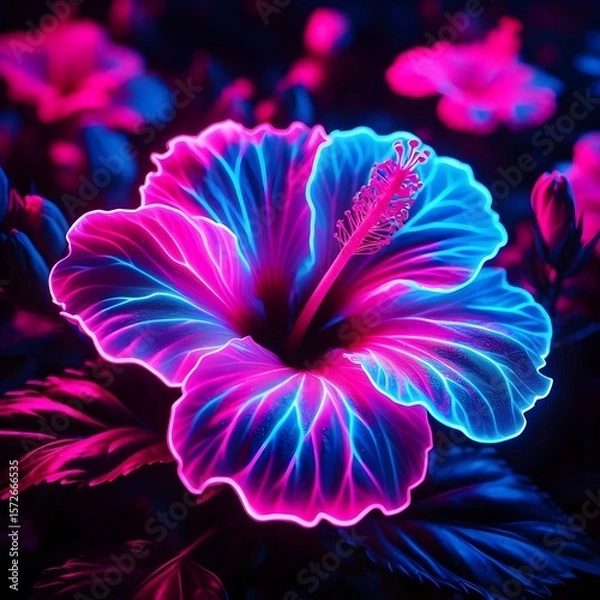 Fototapeta An hibiscus flower with vibrant neon pink and blue glowing edges, creating an electric and artistic close-up against a dark background.