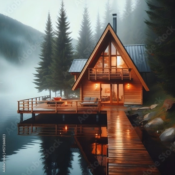 Fototapeta A cozy A-frame cabin with warm lights, situated on a wooden pier extending into a misty lake, surrounded by tall pine trees.