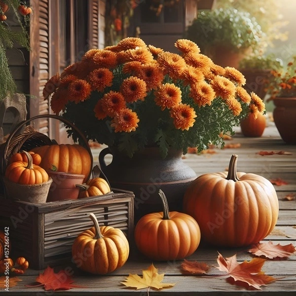 Fototapeta A rustic autumn display featuring various pumpkins and gourds, along with orange chrysanthemum flowers and fallen leaves, on a wooden porch.