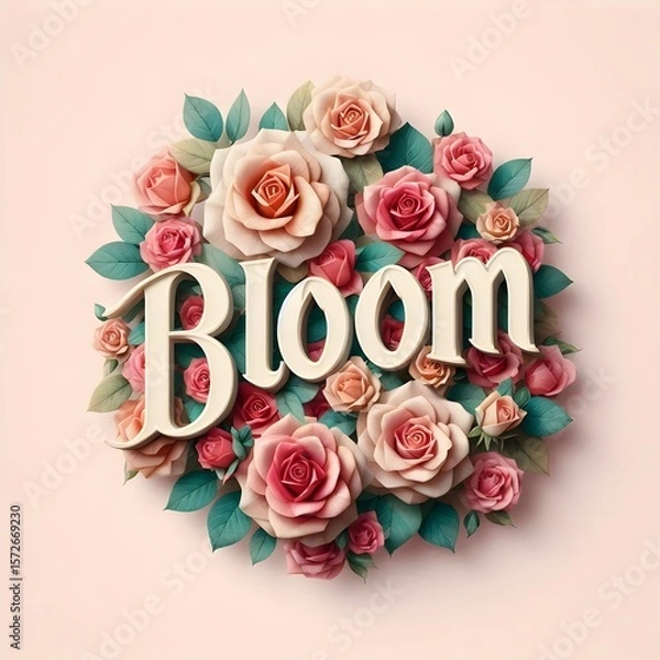 Fototapeta A circular arrangement of pink and peach roses with green leaves, framing the word 'Bloom' in 3D lettering.