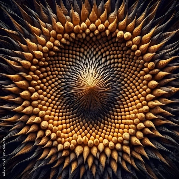 Fototapeta An abstract pattern resembling a sunflower's center, composed of numerous textured, pointed elements in shades of orange, yellow, and black.