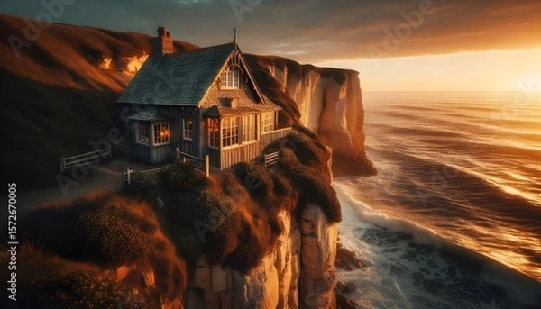 Fototapeta A rustic wooden house perched precariously on a dramatic cliff edge overlooking a vast, stormy ocean at sunset