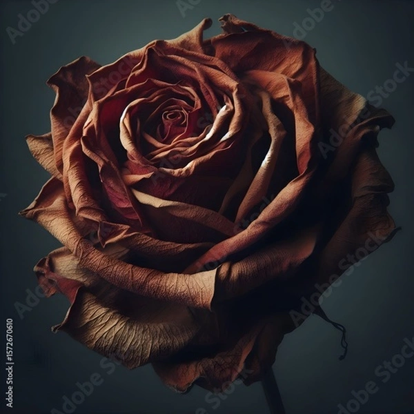 Fototapeta A close-up of a dried, rust-colored rose with intricately curled and textured petals, creating a dramatic and melancholic beauty.