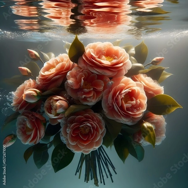 Fototapeta A bouquet of peach-colored camellia flowers submerged underwater, with air bubbles clinging to their petals