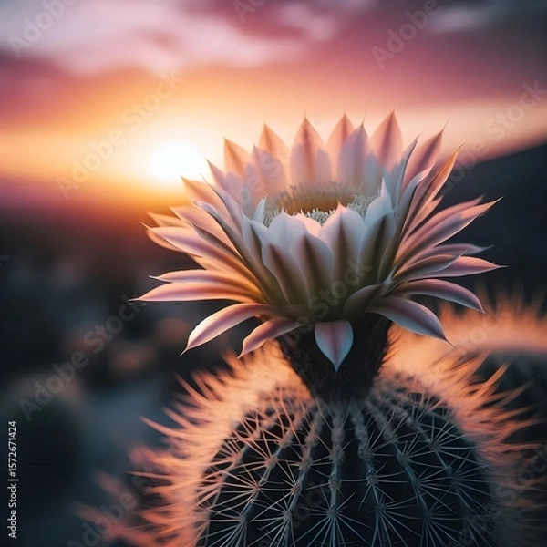 Fototapeta A close-up of a blooming cactus flower with delicate pink and white petals, set against a warm desert sunset background.