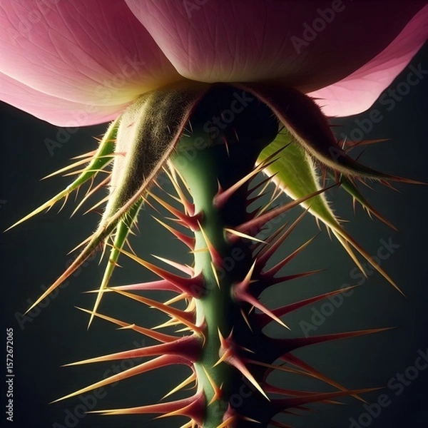 Fototapeta A striking close-up of a plant stem, revealing sharp thorns and a delicate pink petal at the top.