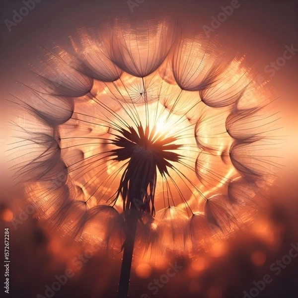 Fototapeta A close-up of a dandelion seed head, illuminated by the warm, golden glow of the setting sun.