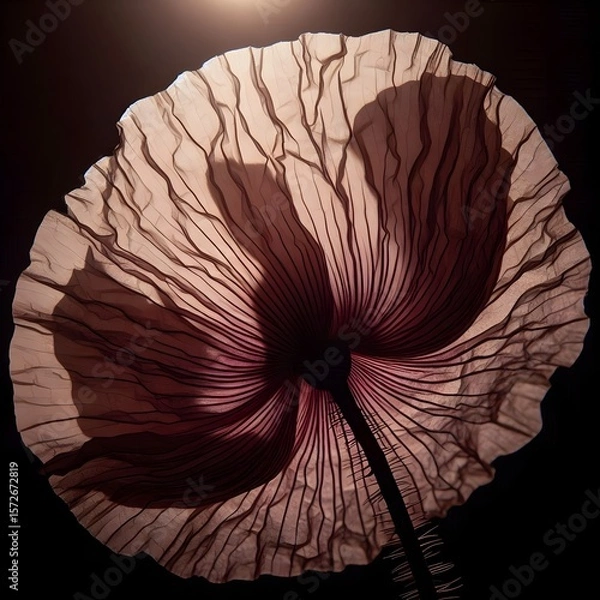 Fototapeta An artistic close-up of a translucent poppy flower, revealing intricate vein patterns against a stark, dark backlit background.