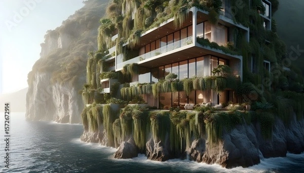 Fototapeta A breathtaking modern architectural marvel, a multi-story building integrated into a lush, vine-covered cliffside overlooking the ocean.