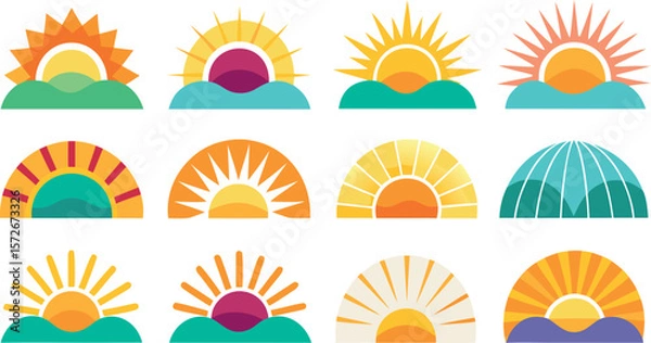 Obraz Vector art of a diverse set of sun and sunrise icons, perfect for adding a bright and cheerful touch to designs