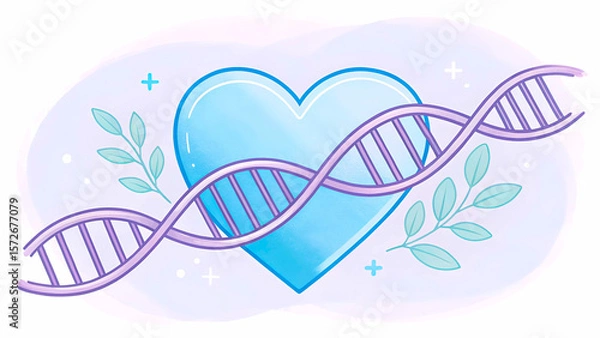 Fototapeta  Stylized DNA Helix Wrapped Around a Blue Heart with Leaves and Pastel Background.