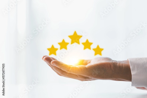 Fototapeta Customer or client with stars to complete five stars. Product or service review ideas from customer, reviews from customer and service of store to express satisfaction, increase credibility of store.