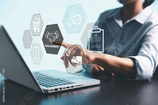 Fototapeta Concept of procurement, supply chain management, represented by related logistics, inventory icons is essential for ensuring efficient business operations. efficient flow, storage of goods, services.
