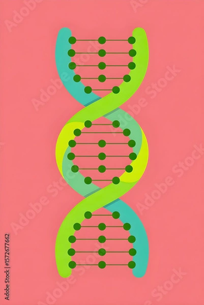 Obraz A colorful DNA double helix, with vibrant green and blue strands, and a yellow inner structure, floats against a solid pink background, symbolizing life science
