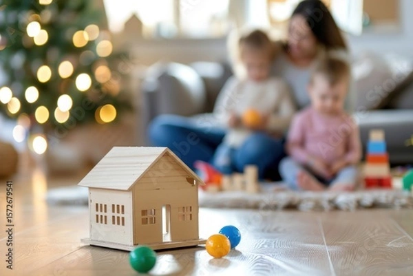 Obraz Festive family moment, with focus on miniature house and bokeh Christmas tree