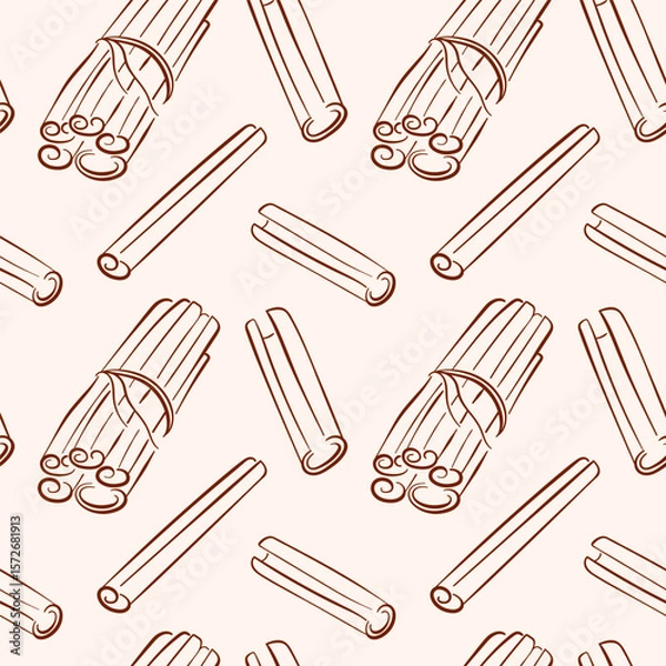 Fototapeta Line art style cinnamon stick seamless pattern. Exotic spice for store package, cafe menu design.