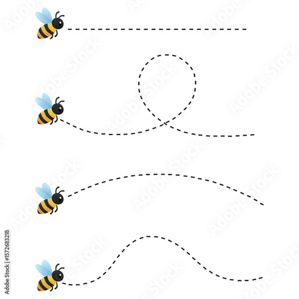 Obraz Flying bees with dotted flight path vector set