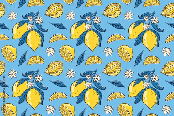 Fototapeta Seamless lemon pattern with whole, fruit slice, flower and leaf on a blue background in flat style. Perfect for summer citrus theme, natural food design, healthy lifestyle and tropical fresh concept.