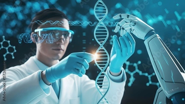 Fototapeta Scientist and robotic arm interacting with DNA model in futuristic lab, symbolizing biotechnology, human-machine collaboration, and genetic innovation