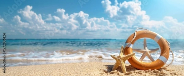 Obraz Idyllic tropical beach scene with starfish and a life preserver ring