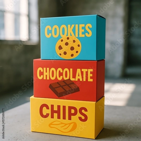 Fototapeta Colorful stacked boxes of cookies, chocolate, and chips, displayed on a table.